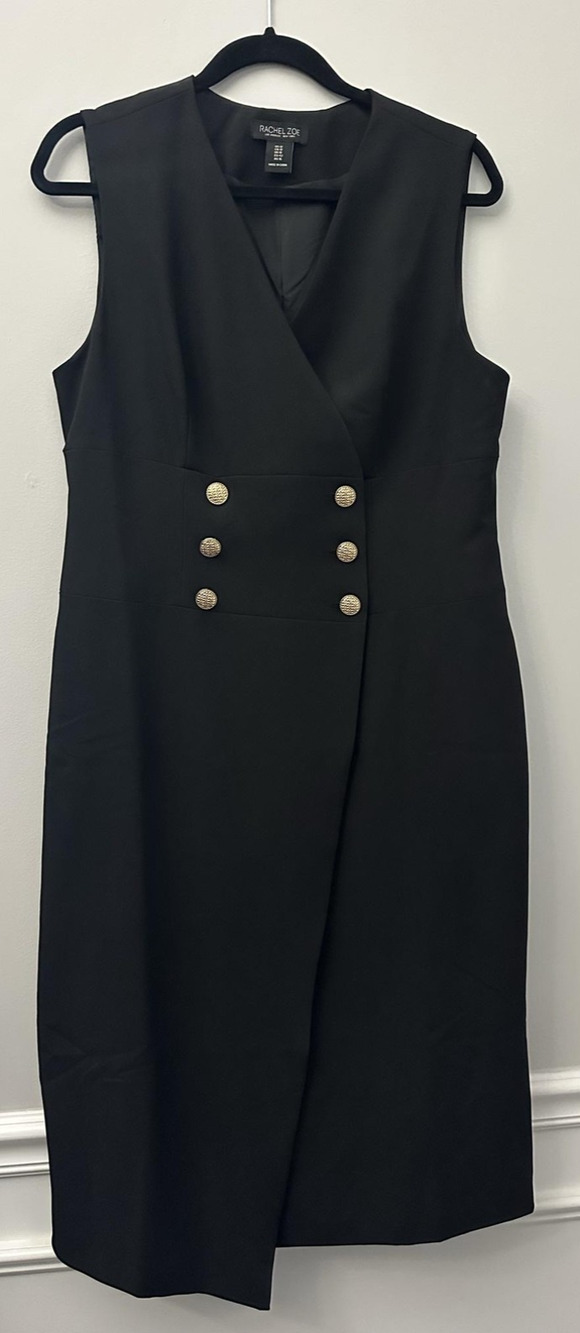 Rachel Zoe Dress Womens 12 Black Sleeveless Wrap Sheath Midi Double Breasted